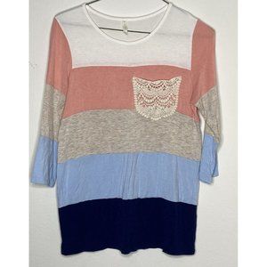 Flamingo Urban Women Striped Knit Soft Blouse Size M/L Crocheted Pocket Casual